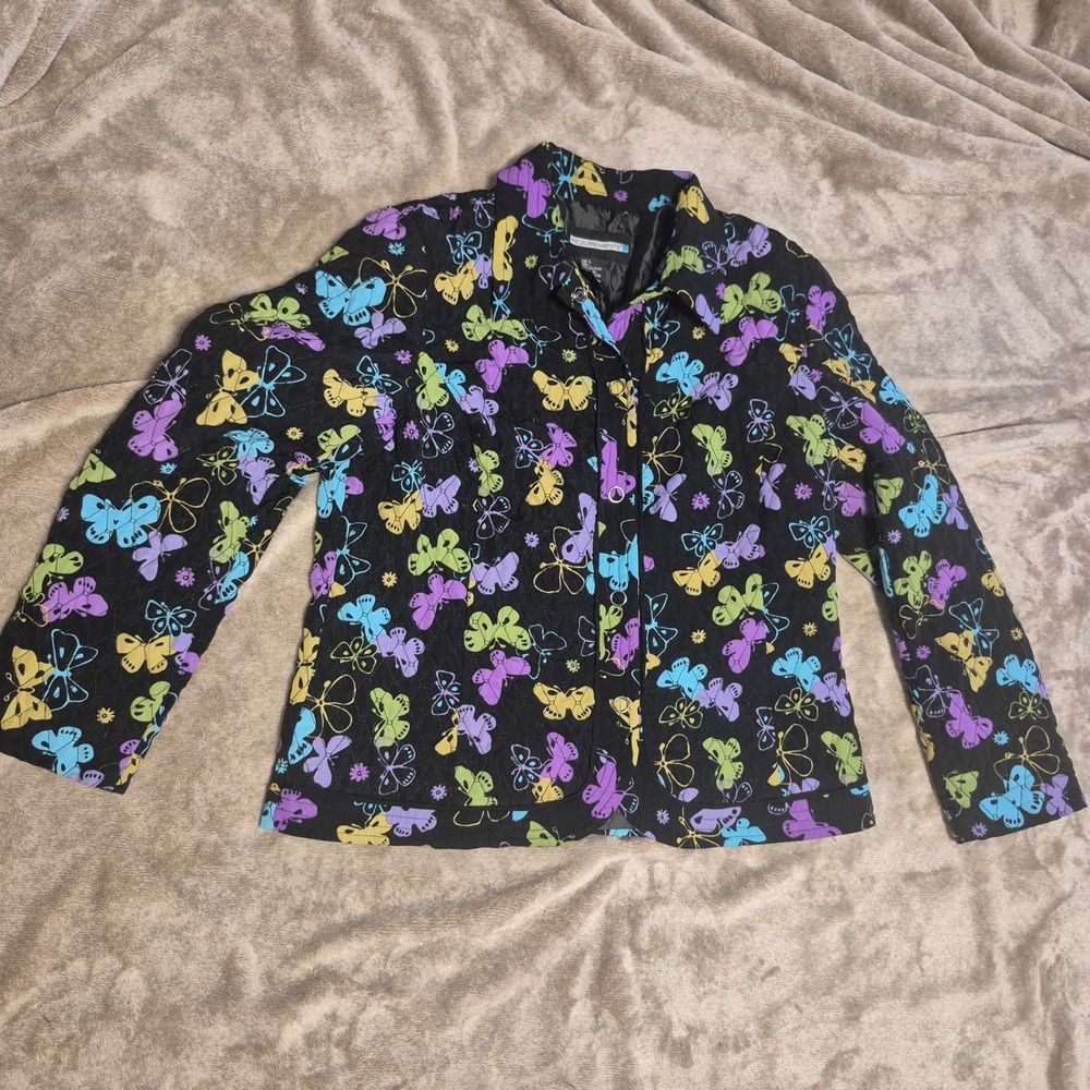 Requirements Women Black Quilted Butterfly Print Jacket Button Front Large
